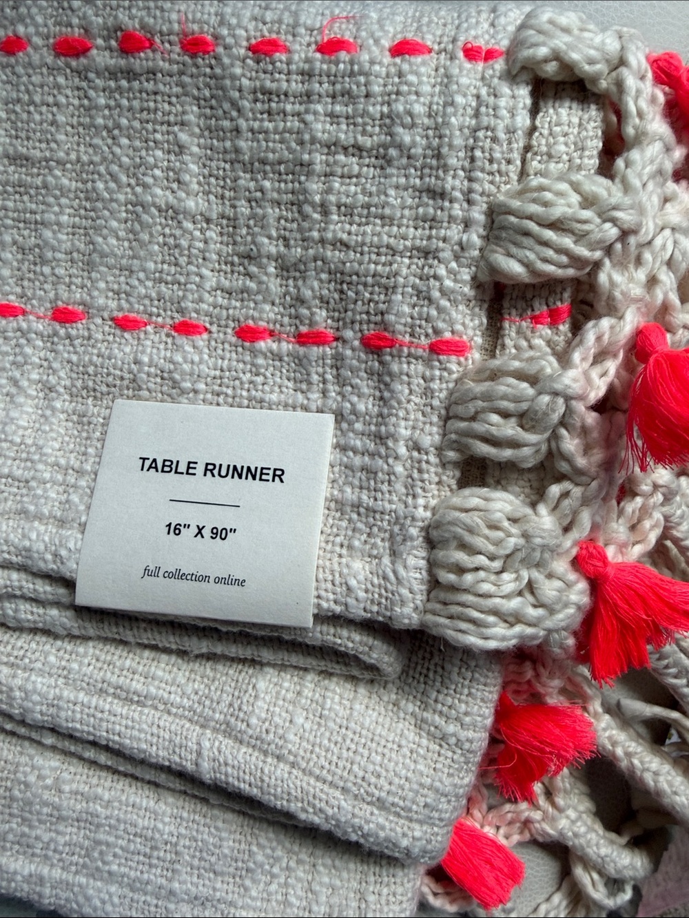 Anthropologie $68 Kai Cream Woven Table Runner with Neon Pink Stitching — NWT